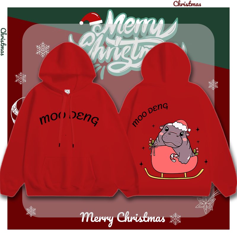 ” Merry Christmas “ เสื้อฮู้ดแขนยาว ( Moodeng hippo หมูเด้ง ◡̈ x Christmas ) | รูปแบบคริสต์มาส ผ้าCotton Hoodie ผ้านุ่ม ยืด ใส่สบายมากค่ะ