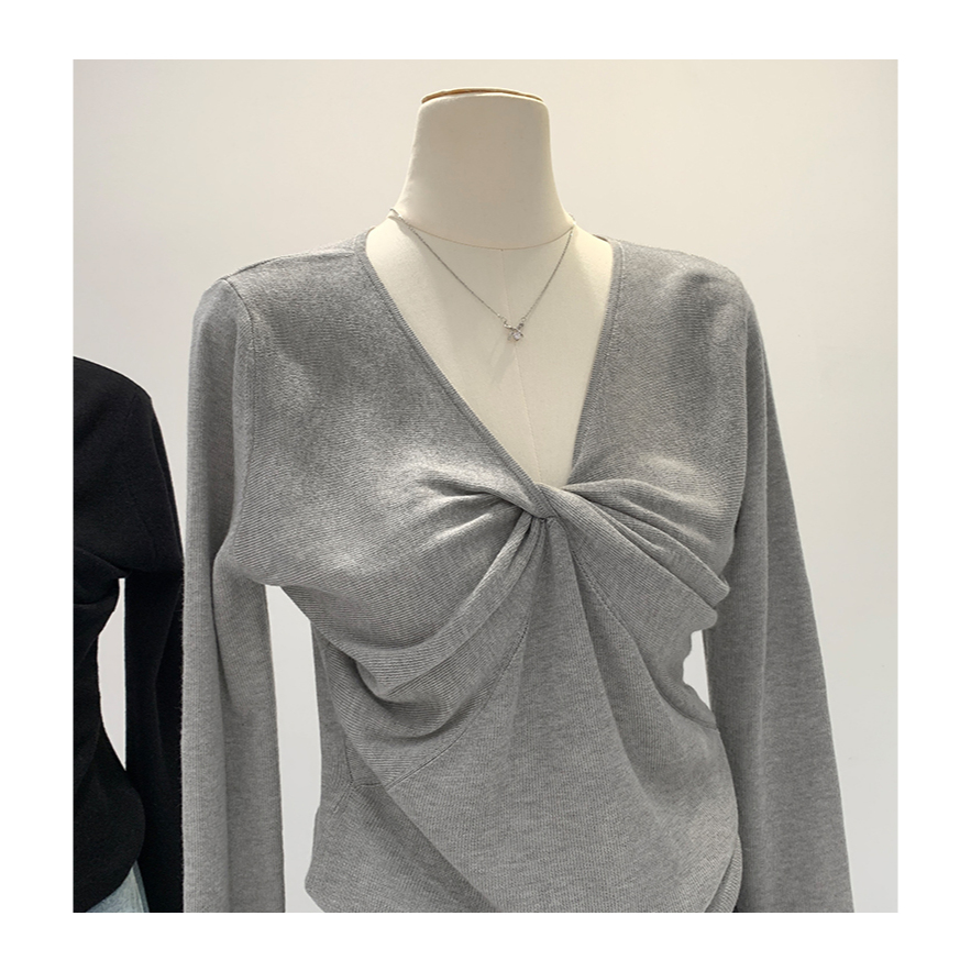 81764 เสื้อสเวตเตอร์แขนยาวดีไซน์ผูกปมคอวีสลิมฟิต - รูปที่ 6