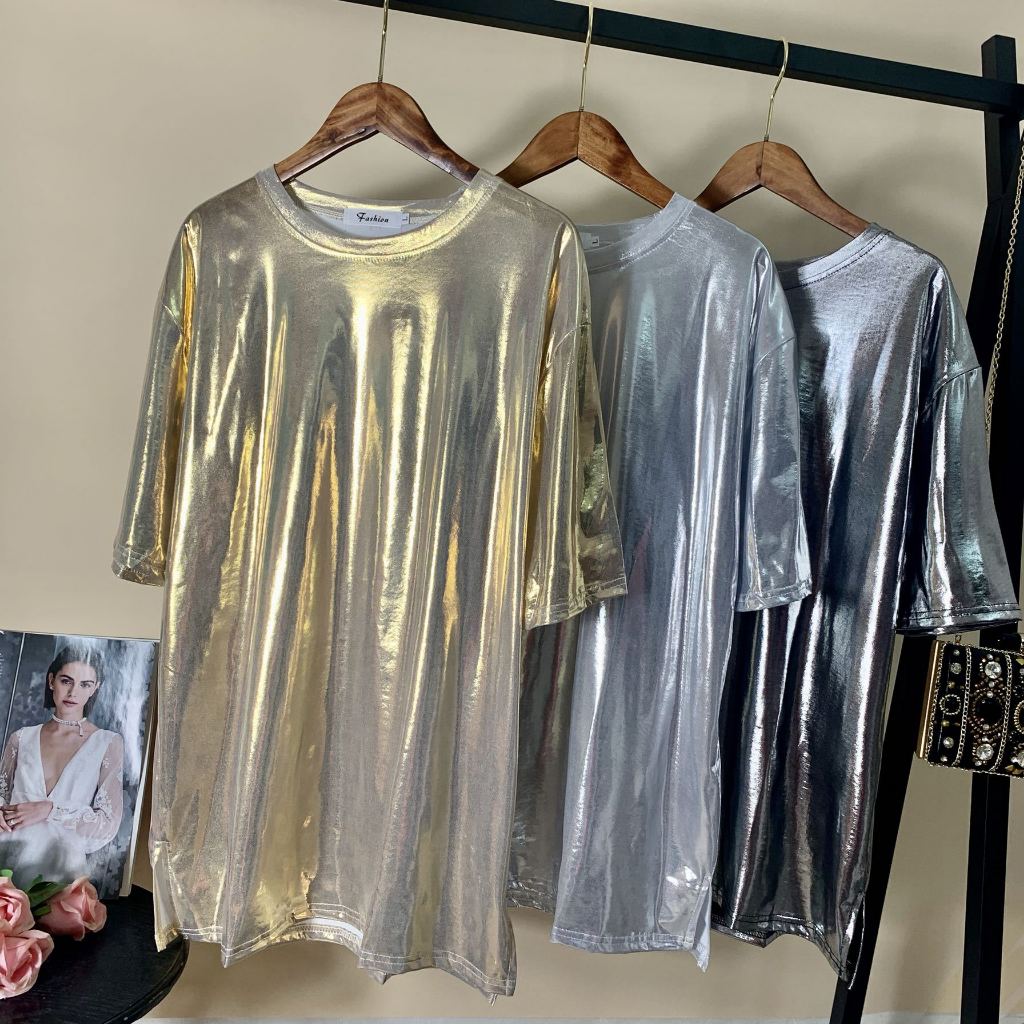 เสื้อผ้าสายประดับ ขนาด plus size S- 5XL เลื่อม T เสื้อ 2026 ใหม่ผู้หญิง  ชุดงานเลี้ยง man Top Retro dance glitter Shiny  ขนาดหลวม Harajuku แขนสั้นคู่เต้นรํา