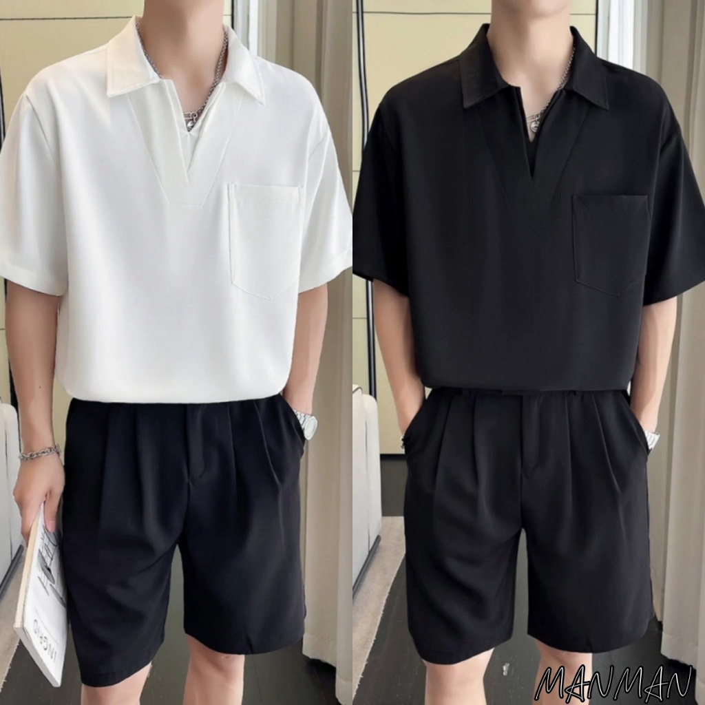 MANMAN เสื้อโปโลผู้ชาย เสื้อคอวี ปกพับ แมทช์ลุคง่าย แบบหลวม ลำลอง แฟชั่น