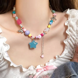 สีสันห้าแฉกดาวดอกไม้รักสร้อยคอหวานเย็นสไตล์บุคลิกภาพการออกแบบความรู้สึกกระดูกไหปลาร้าโซ่ซอกอารมณ์ทุกการแข่งขันอุปกรณ์เสริม