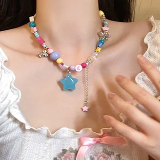 สีสันห้าแฉกดาวดอกไม้รักสร้อยคอหวานเย็นสไตล์บุคลิกภาพการออกแบบความรู้สึกกระดูกไหปลาร้าโซ่ซอกอารมณ์ทุกการแข่งขันอุปกรณ์เสริม