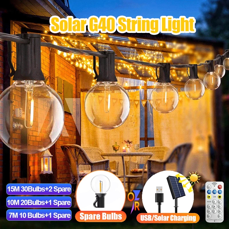 7m\10m\15m พลังงานแสงอาทิตย์ G40 หลอดไฟ 48FT ตกแต่งสวนกลางแจ้ง Fairy Light คริสต์มาสกันน้ํา