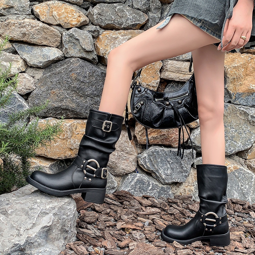 รองเท้าบูทมาร์ติน ทรงตรง แต่งหัวเข็มขัด สไตล์ตะวันตก สําหรับผู้หญิง - รูปที่ 3