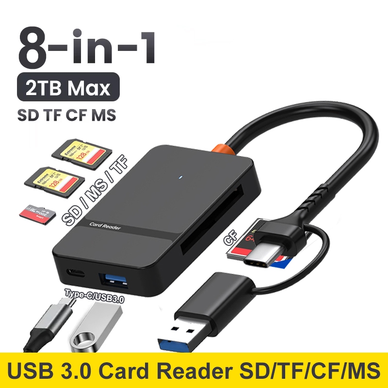 8-in-1 USB 3.0 Card Reader SD Micro SD TF CF MS Compact Flash Card Adapter สําหรับแล็ปท็อป PC Multi Card Reader 8 in 1 Smart Card Reader