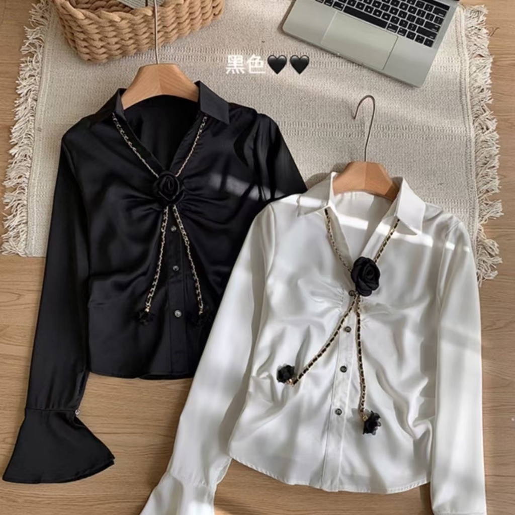 สไตล์เกาหลีผู้หญิงสุภาพสตรีเอวบางจีบเสื้อแขนยาวเสื้อ