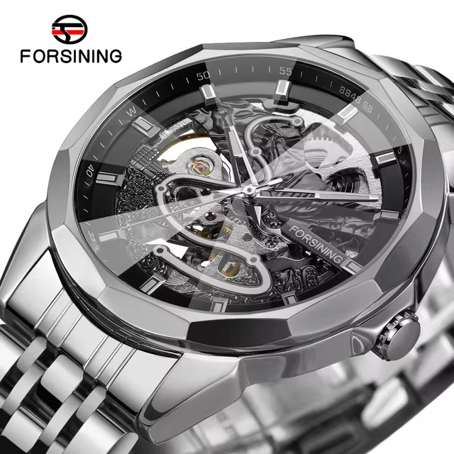 Forsining Original Skeleton Automatic Mechanical Watch นาฬิกาผู้ชายสแตนเลสหรูหราระดับไฮเอนด์