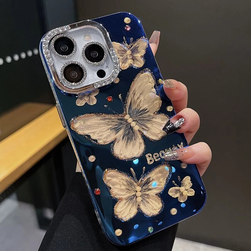 เคสผีเสื้อสีฟ้าสีขาว พลอยเทียม พร้อมเคสฟิล์มเลนส์ เคสไอโฟน เคสซีรีส์ เหมาะสําหรับ ไอโฟน 16โปรแม็กซ์ เคส 15โปรแม็กซ์ 14โปรแม็กซ์ 16มือโปร 15มือโปร 16 15 14 13 12 11กร