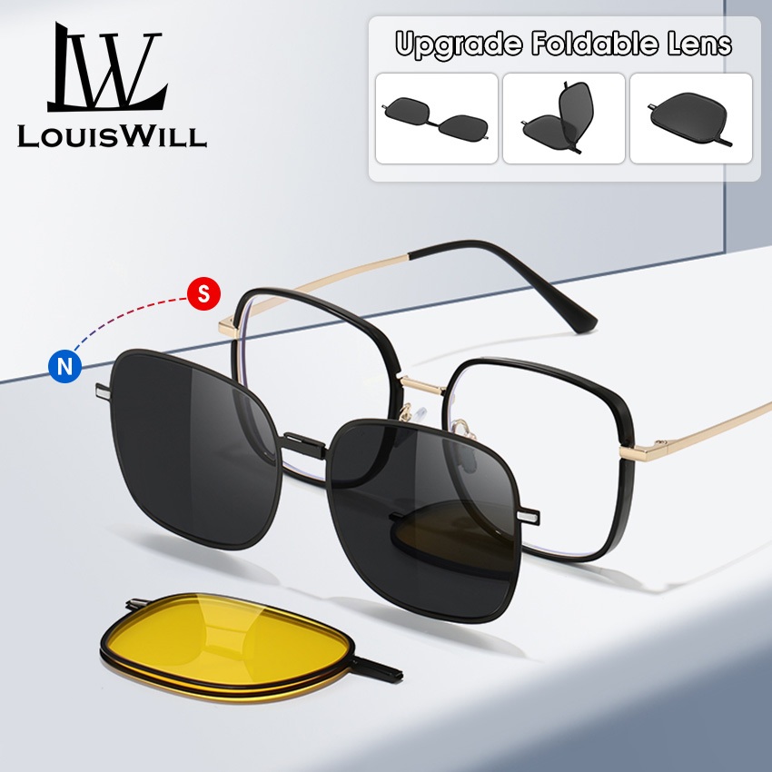 Louiswill ผู้ชายโพลาไรซ์ 3 ใน 1 แว่นตากันแดด Night Vision อัพเกรดเลนส์พับกรอบแม่เหล็กแว่นตา Unisex Anti-UV แว่นตาแว่นตาเดินทางกลางแจ้งกีฬาวิ่งเดินป่า