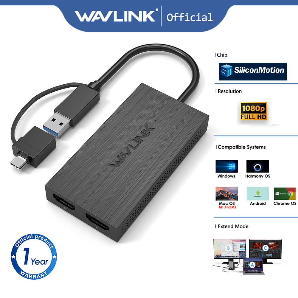 Wavlink USB 3.0 ถึง dual HDMI Graphic Adapter, Max 2K display output type A/type C อินพุตและเอาต์พุตพอร์ต HDMI คู่
