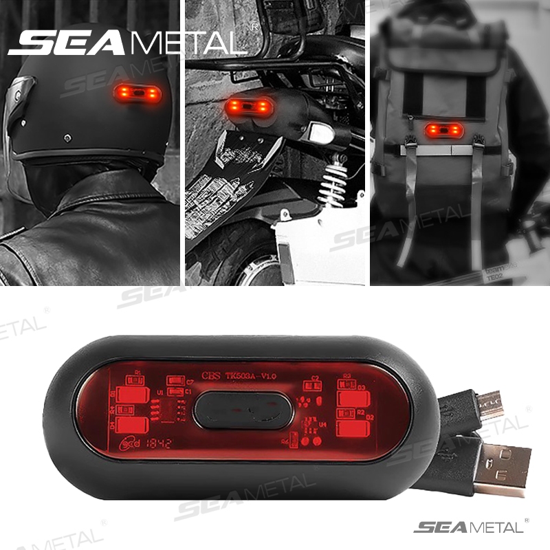Seametal ไฟเบรคหมวกกันน็อคมอเตอร์ไซค์ USB แบบชาร์จไฟได้ LED หางหมวกกันน็อคเตือนความปลอดภัย 3 โหมด