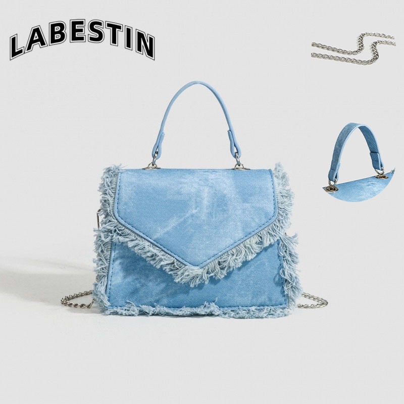 LABESTINใหม่ Retro DENIM fringed CHAIN กระเป๋าอเนกประสงค์พร็อพแบบพกพาไหล่ Messenger Bag