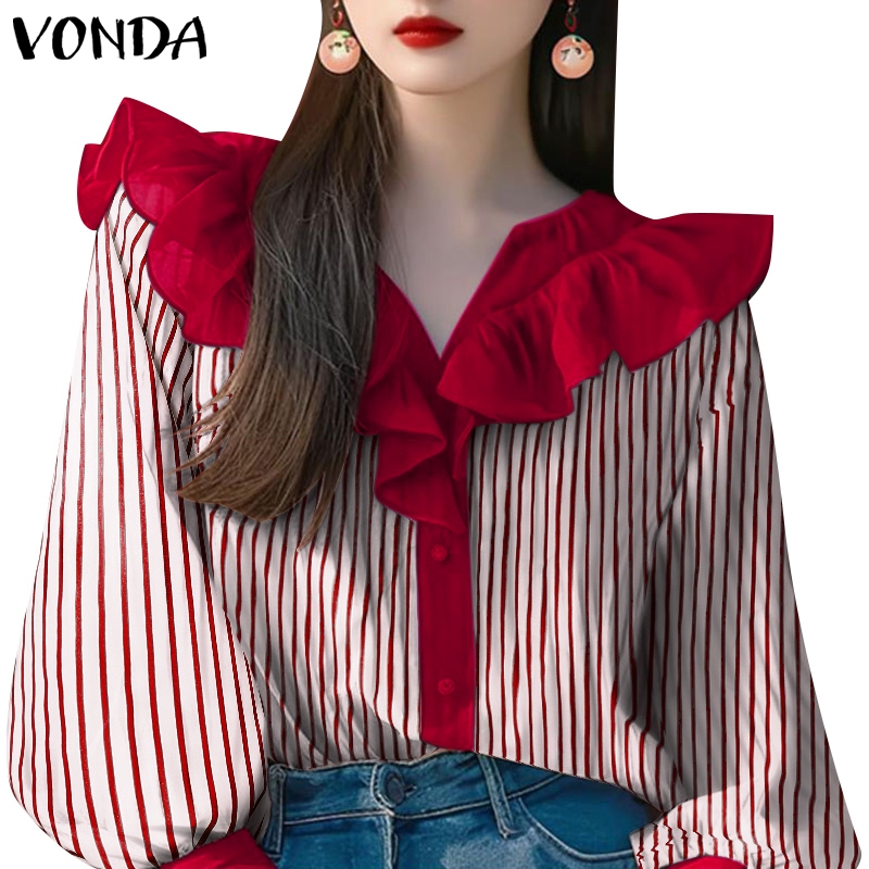 Vonda เสื้อเบลาส์แขนยาวลําลอง Ruffles Splice คอวีแขนยาวหลวมลายทาง