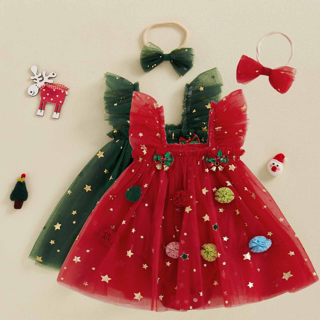 //-เด็กทารก Bobbles Ringing Bells Decor ตาข่าย Hem แขนกุด Rompers ชุดแถบคาดศีรษะทารกแรกเกิดเสื้อผ้าคริสต์มาส