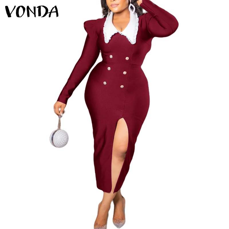 Vonda ชุดเดรสยาวถึงเข่าแขนยาวหรูหราสําหรับผู้หญิงวินเทจ