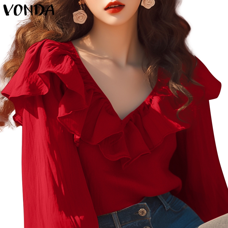 Vonda เสื้อเบลาส์แขนยาวคอวีลําลองเกาหลีสําหรับผู้หญิง
