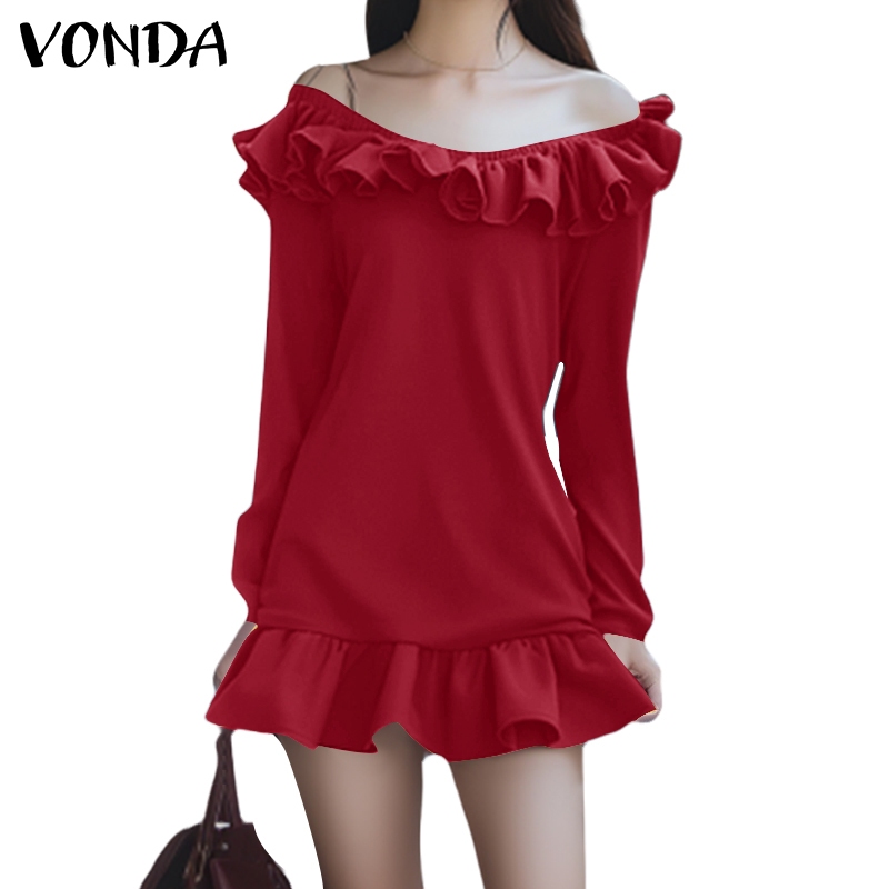 Vonda ชุดเดรสแขนยาวปิดไหล่ลําลองเกาหลีสําหรับผู้หญิง