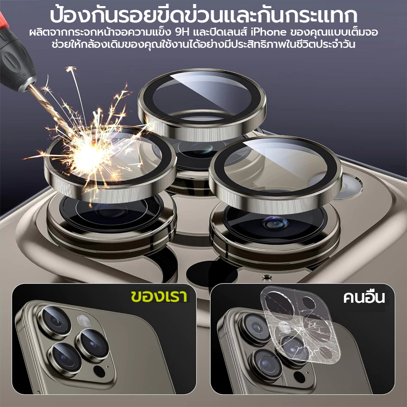 Osgeer ตัวป้องกันเลนส์กล้องสําหรับ iPhone 13 Pro Max 14Plus 15 16 12 11, 9H ฝาครอบแหวนโลหะกระจกนิรภัย, HD Clear thumbnail 5