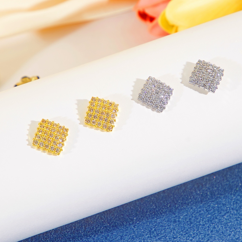 Sequito ที่ละเอียดอ่อนสแควร์รูปสีเหลืองทอง Silve Plated ต่างหู Micro ฝังขนาดเล็กสีขาว Cubic Zircon สําหรับผู้หญิง Chic ทุกวัน Party เครื่องประดับ E925