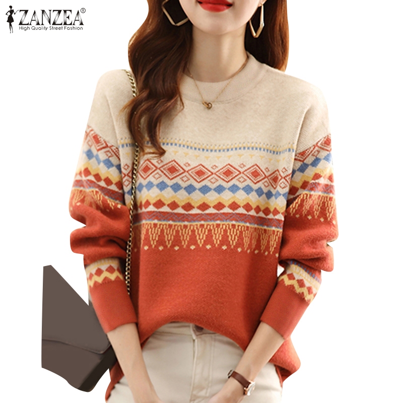 ZANZEA ซานเซีย ผู้หญิงเกาหลีลําลองรอบคอแขนยาวพิมพ์เสื้อกันหนาวหลวม