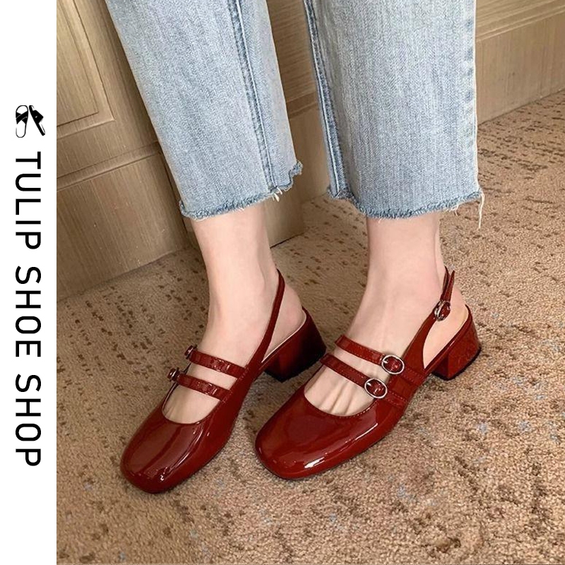 จัดส่งจากประเทศไทย💕รองเท้าแมรี่เจน แฟชั่นย้อนยุค รองเท้าส้นหนา สีแดง size 35-40
