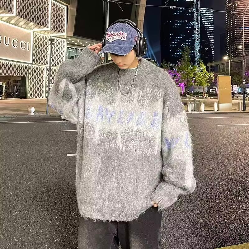 2024 ฤดูหนาว American Retro Street สวมเสื้อกันหนาวผู้ชาย Lazy High-End Niche Design เสื้อกันหนาวเสื้