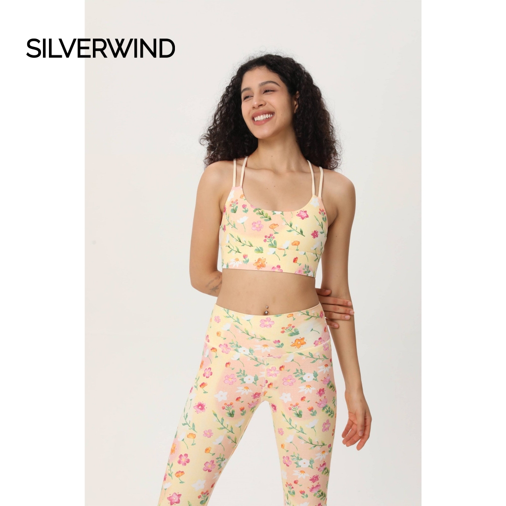 ชุดโยคะลดราคาSilverwind ชุดออกกําลังกายโยคะสตรี Yellow Blossom Floral Print Bra and Leggings Set