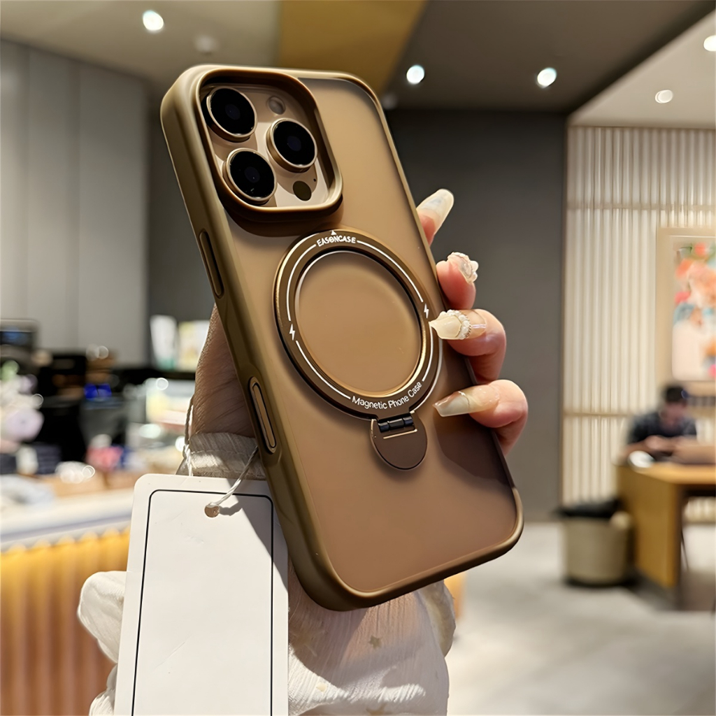 ปลอกใหม่ หรูหรา 360° Rotatable Stand Hard Case สําหรับ iPhone 16 15 14 13 12 Pro Max 16plus Magnetic Matte Case Cover กันกระแทก 16pro desert titanium