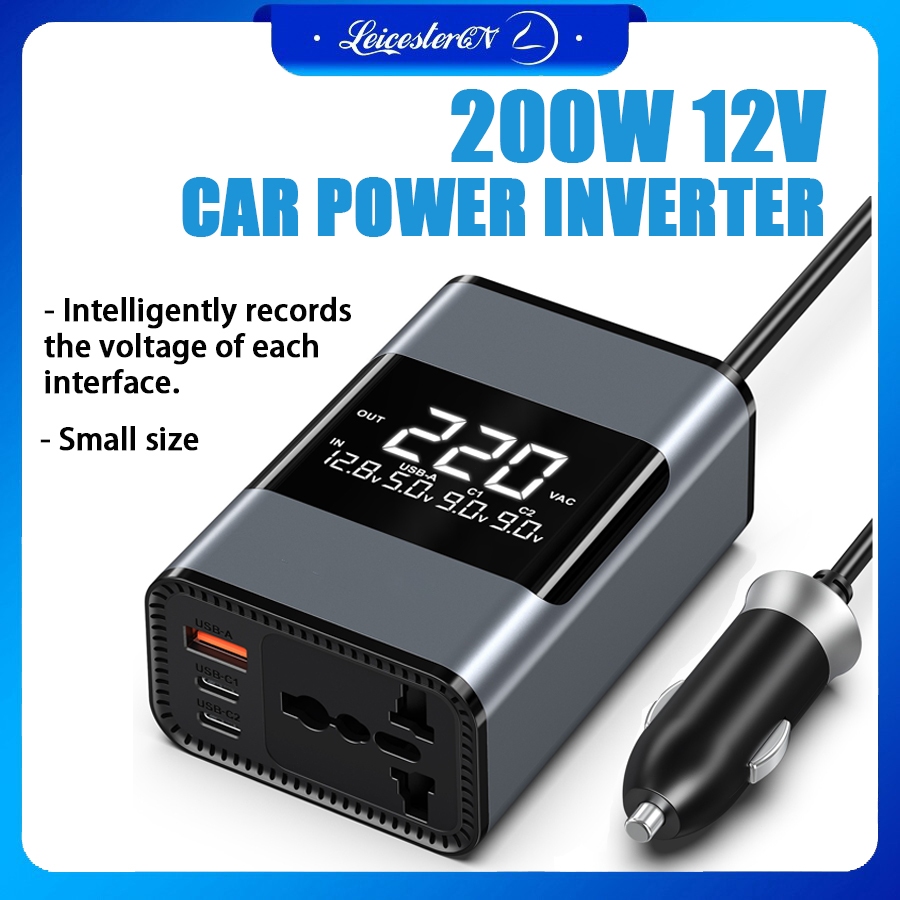 200w รถแปลงไฟ DC 12V TO AC 220V POWER INVERTER ADAPTER SOCKET CHARGER TYPE-C 30W + 36W 1 * พอร์ต AC