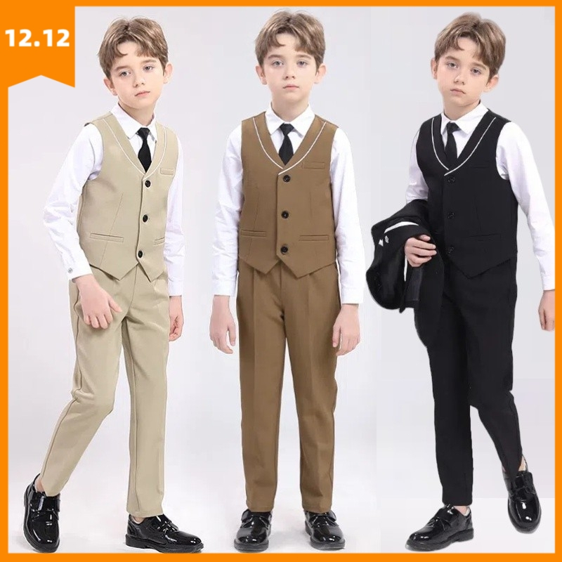 เด ็ กชุดอย ่ างเป ็ นทางการ V คอเสื ้ อกั ๊ กเสื ้ อกางเกง Tie 4 ชิ ้ น Tuxedo Fangle วันเกิดเปียโนเสื ้ อผ ้ าสีดํากาแฟสีกากี