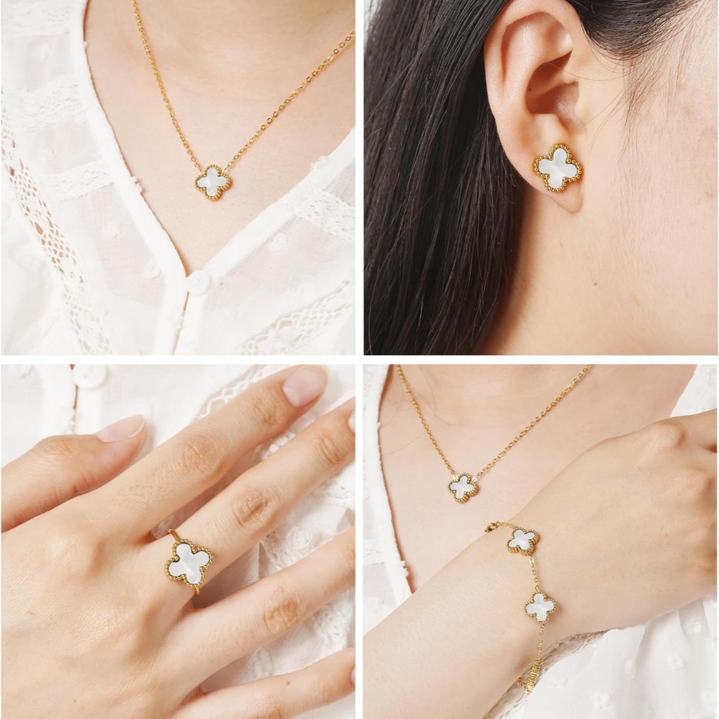 ไทเทเนียมเหล็ก Four-Leaf Clover ห้าดอกไม้สร้อยคอสองด้านสร้อยข้อมือต่างหู 18K Gold Electroplating Non-Fading หรูหรา High-End
