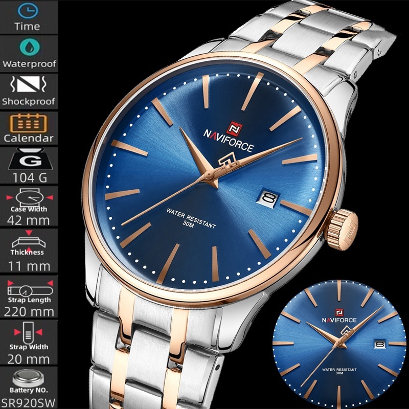 นาวีฟอร์ซ บุรุษควอตซ์นาฬิกากันน้ําที่มีวันที่สายสแตนเลสจอแสดงผลอะนาล็อกนาฬิกาข้อ