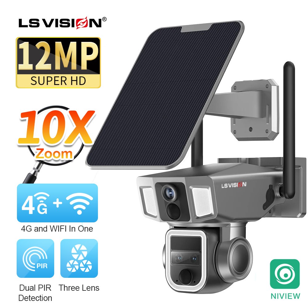 LS VISION 6K 4G+WIF PTZ กล้องโซล่าเซลล์กลางแจ้ง จอคู่ กล้องวงจรปิด12MP เลนส์หลายตัว ซูม I10X ตรวจจับ PIR กล้องวงจรปิดรักษาความปลอดภัย NIVIEW