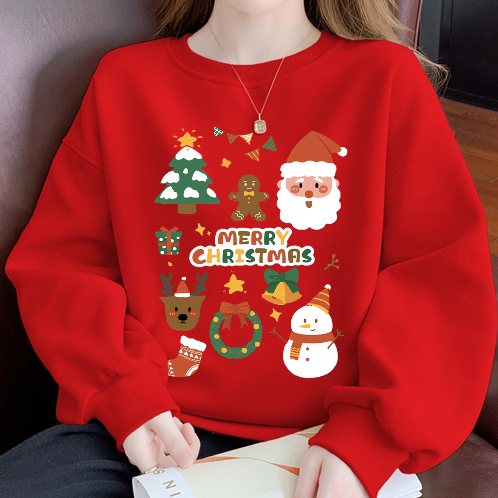 คริสมาสต์เสื้อแขนยาวคอกลม เสื้อสเวตเตอร์แขนยาว Unisex Sweater Christmas ผ้าCotton 100%
