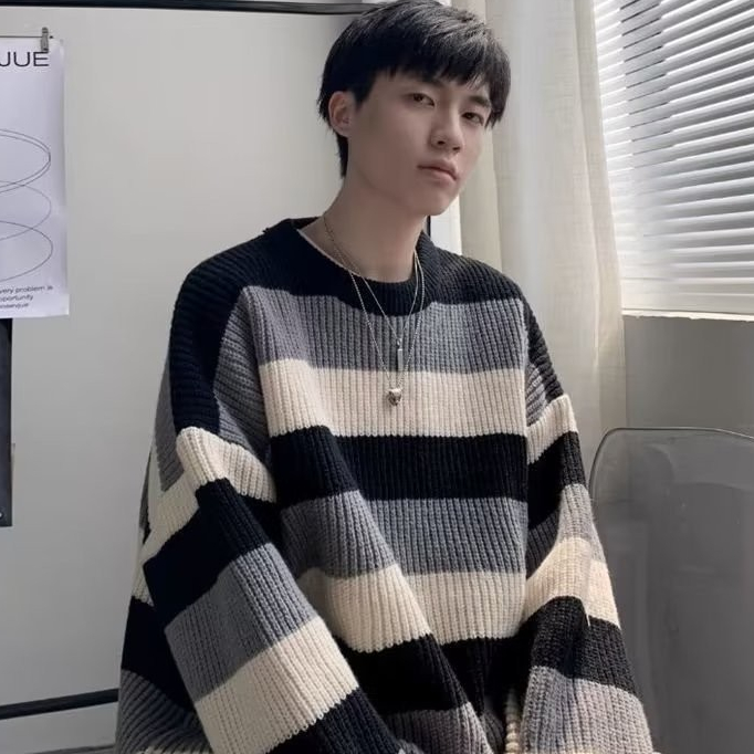 เสื้อกันหนาว แบบหนา ลายทาง สไตล์ญี่ปุ่น สําหรับผู้ชาย