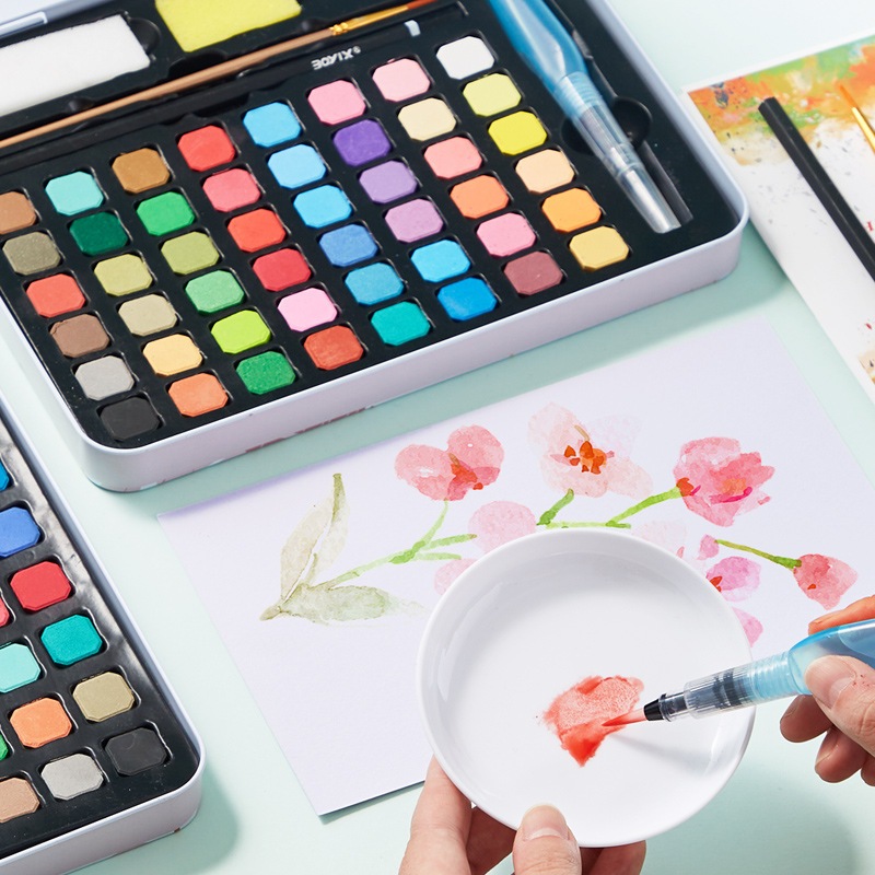 Mizoo ชุดระบายสีน้ำ สีน้ำก้อน 24/36/48สี watercolor อุปกรณ์ 7 ชิ้น กล่องเหล็กโลหะ ชุดพู่กันงานศิลปะ - รูปที่ 6