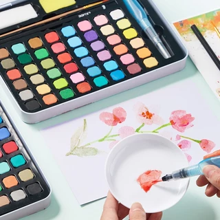 Mizoo ชุดระบายสีน้ำ สีน้ำก้อน 24/36/48สี watercolor อุปกรณ์ 7 ชิ้น กล่องเหล็กโลหะ ชุดพู่กันงานศิลปะ