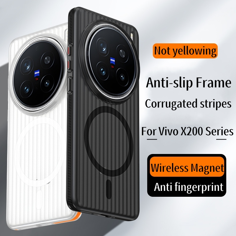 สําหรับ Vivo X200 Pro Mini กรณี Anti-slip Stripe ผิว Frosted โปร่งแสง PC Anti ลายนิ้วมือไร้สายแม่เหล็กปลอก