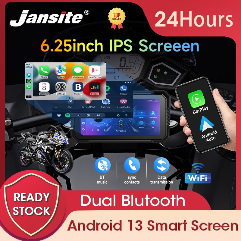 Jansite 6 นิ้ว 4 คอร์ 2+32GB เครื่องนําทางรถจักรยานยนต์แบบพกพา IPX7 กันน้ํา Android 13 ไร้สาย Apple CarPlay