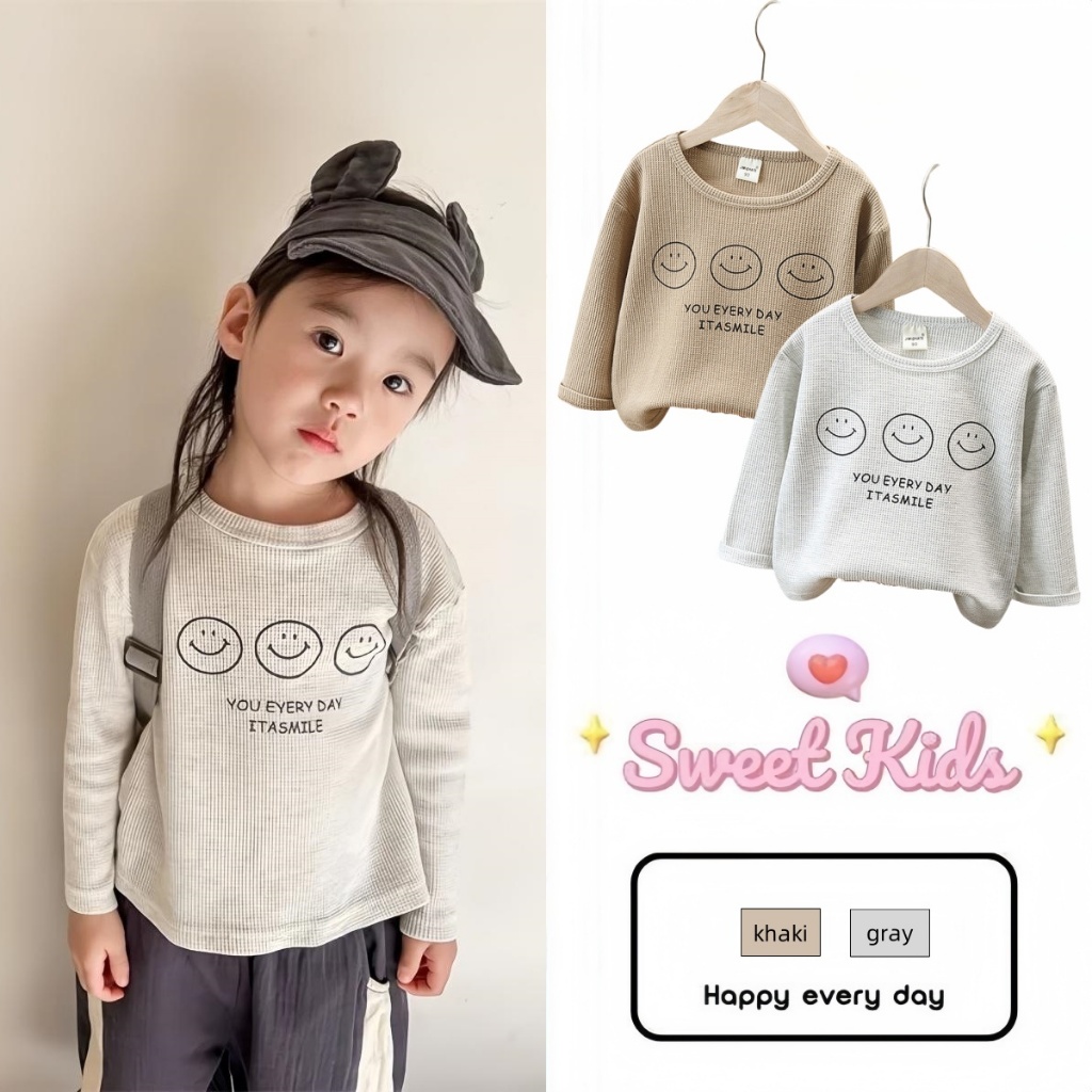 SweetKids พร้อมส่งจากกทม🌸เสื้อยืดแขนยาวเด็กผู้หญิง🍓พิมพ์ลายหน้ายิ้ม สไตล์เกาหลี ระบายอากาศ ลำลอง แฟชั่นฤดูใบไม้ร่วง