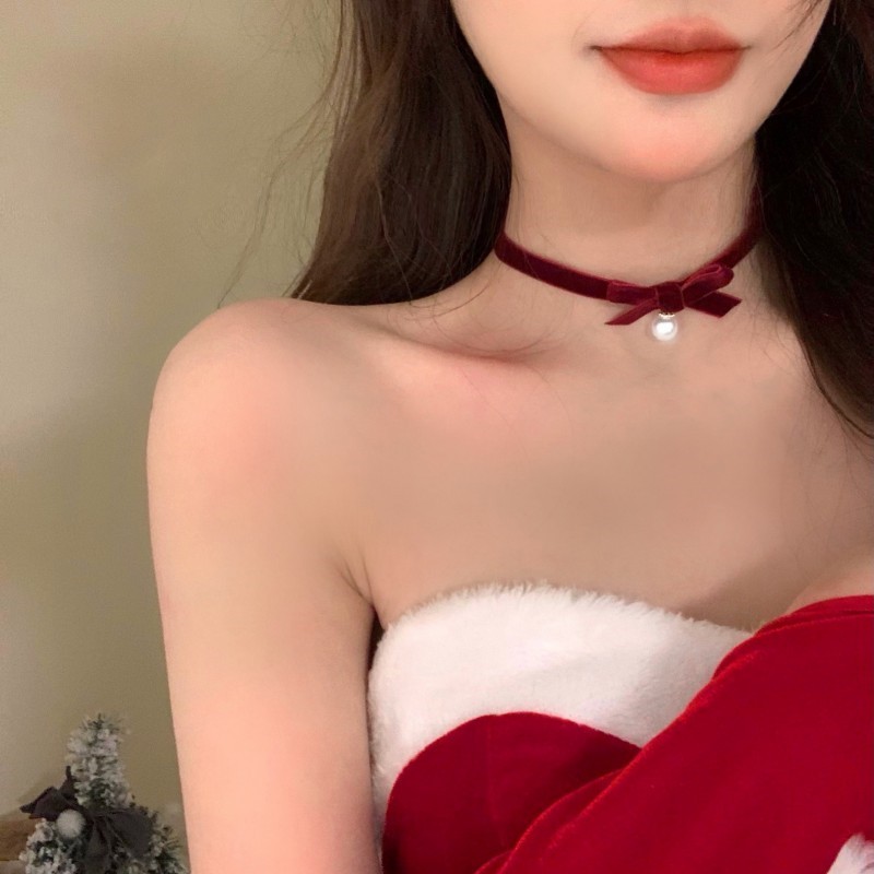 สร้อยคอโชคเกอร์ ผ้ากํามะหยี่ ประดับโบว์ และไข่มุก แบบเรียบง่าย แฟชั่นสําหรับผู้หญิง