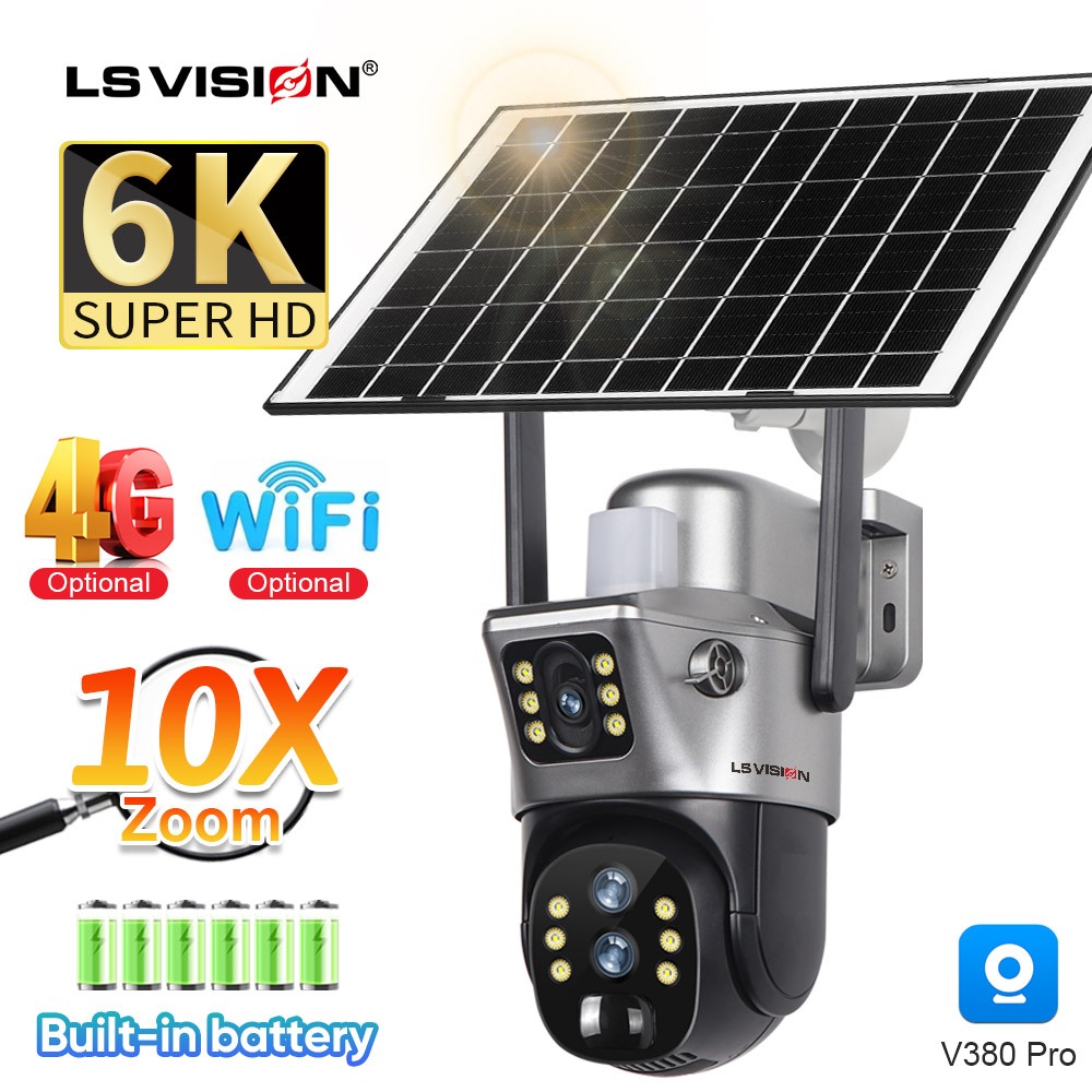 Ls Vision 6K12MP 10X ซูมกล้องวงจรปิดพลังงานแสงอาทิตย์กล้อง V380 Pro WIFI/4G กล้องวงจรปิดไร้สายกล้องกลางแจ้งเสียงสองทางแบตเตอรี่ในตัว Low Power Color Night Vision PTZ กันน้ํา