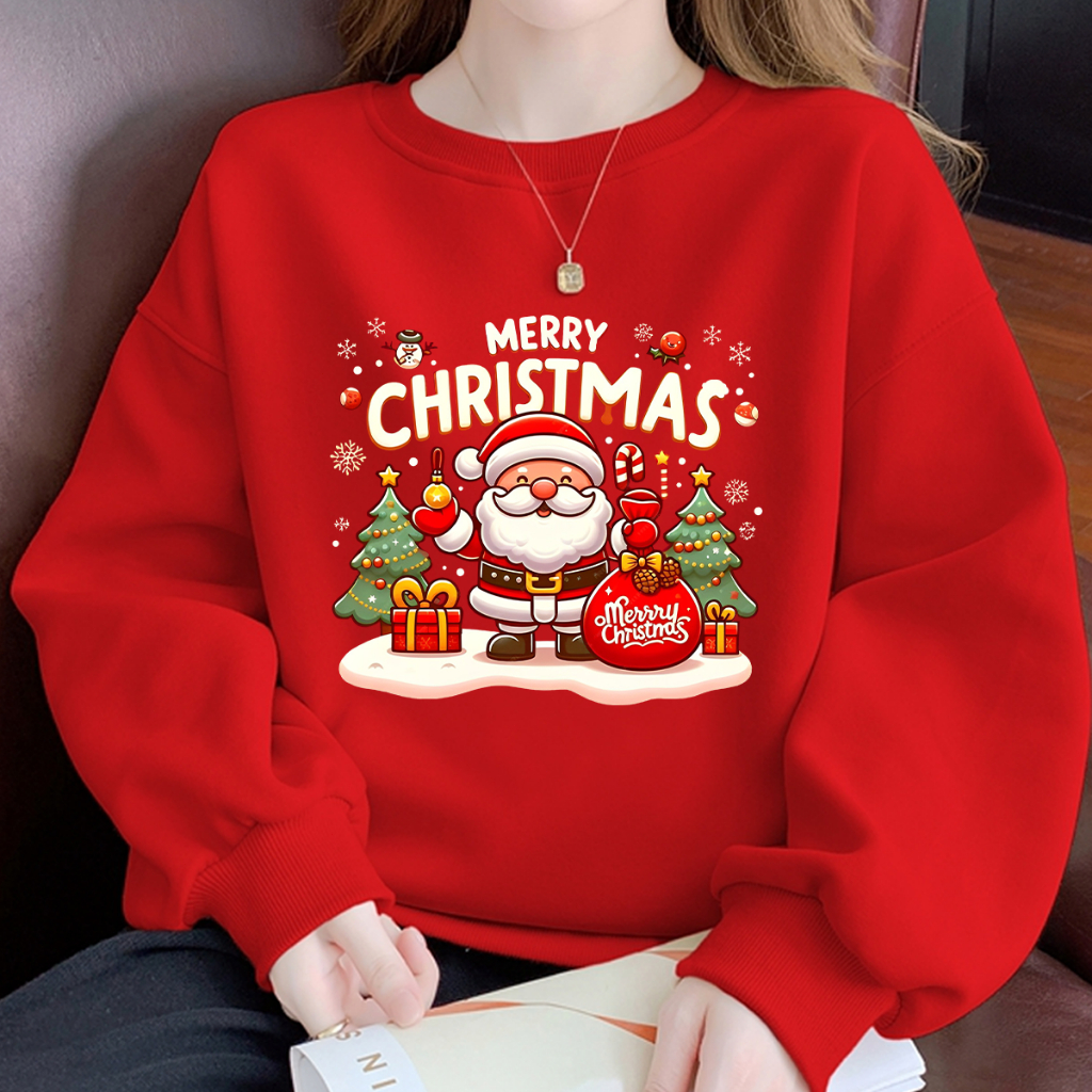 คริสมาสต์เสื้อแขนยาวคอกลม เสื้อสเวตเตอร์แขนยาว Unisex Sweater Christmas ผ้าCotton 100%