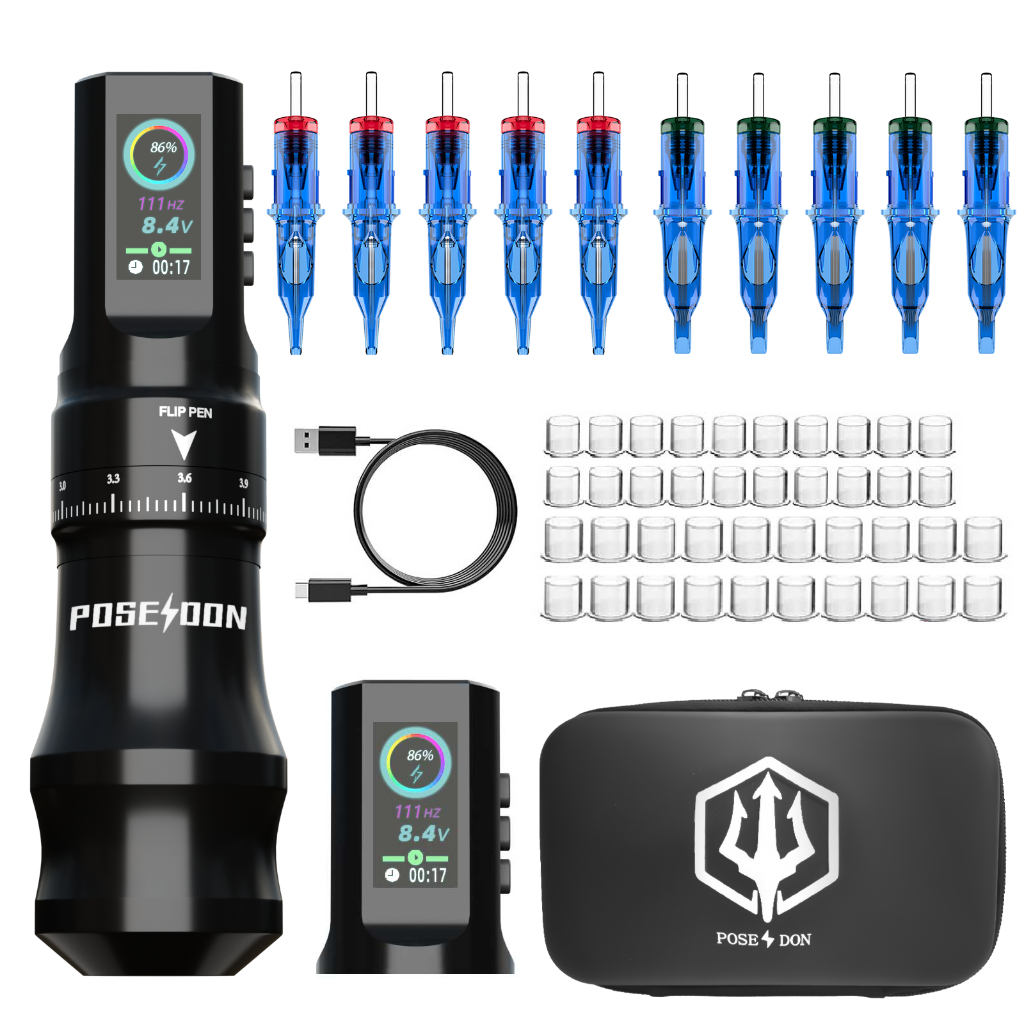 Poseidon Tattoo Pen Kit เครื่องสักไร้สายพร้อมเข็ม 10 ชิ้นและถุง ปากกาสักปรับจังหวะ จอแสดงผล LED ดิจิตอล สําหรับศิลปิน