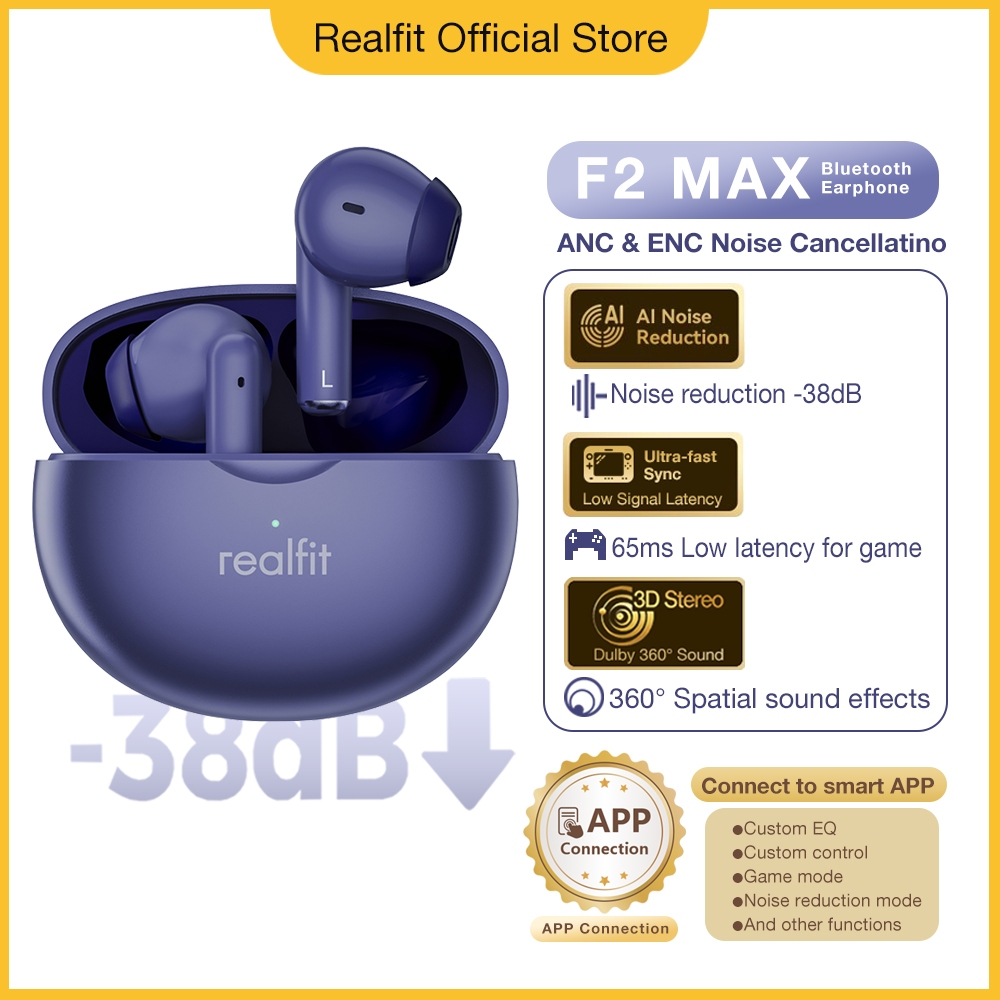 【สินค้ามาใหม่】หูฟัง Realfit F2 MAX ANC, สีชุบโลหะ, การควบคุมAPP, การออกแบบครึ่งหู, เอียร์บัดกีฬาและเกม