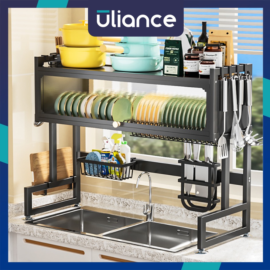 Uliance 65-125 ซม ชั้นวางจานสแตนเลสคร่อมอ่างล้างจาน พร้อมฝาปิดสำหรับห้องครัว