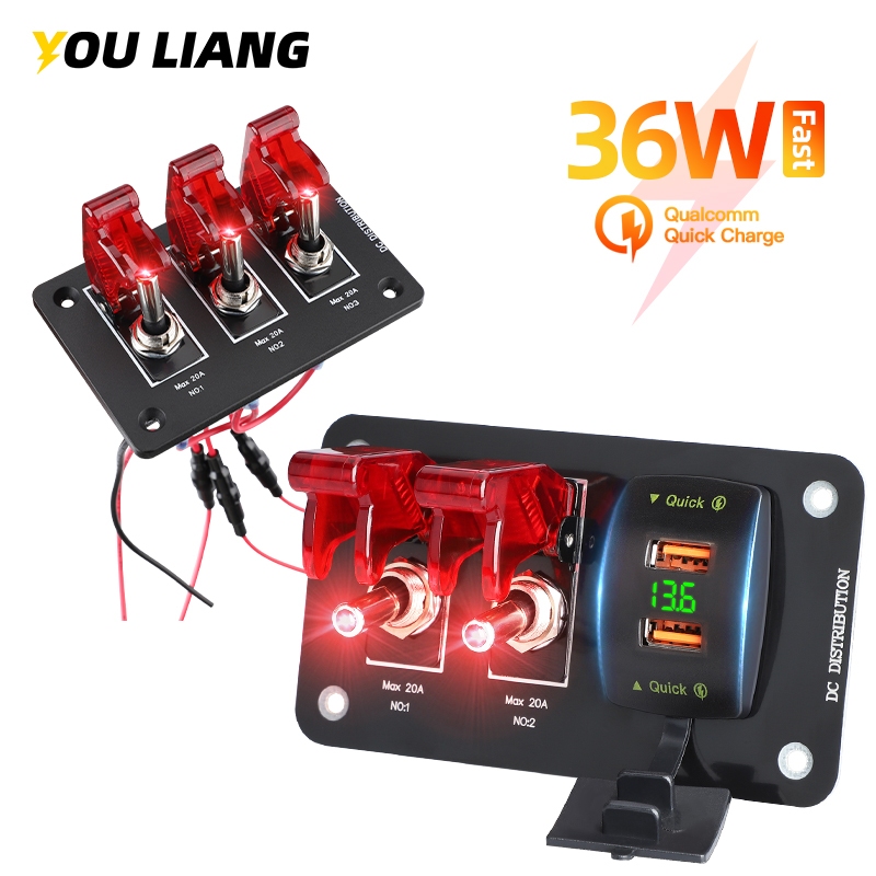 36w QC 3 Gang Heavy Duty Rocker Toggle แผงสวิตช์ 12V 20A ฝาครอบสีแดงเปิด/ปิด 2Pin สําหรับยานยนต์รถ Marine เรือ RV Camper