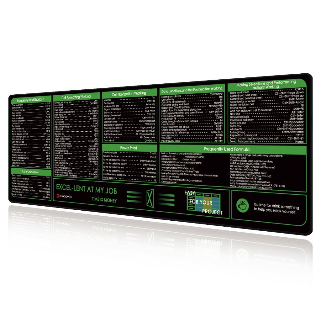 Excel ภาษาอังกฤษปุ่มลัดคีย์บอร์ดเมาส์ Pad ขนาดใหญ่นุ่มสบาย Seaming สวมใส่ Dirt-Resistant Anti-Slip คอมพิวเตอร์เดสก์ท็อปแล็ปท็อปสํานักงานการเรียนรู้เกมสีดําสีเขียว 90 * 30 ซม.ex