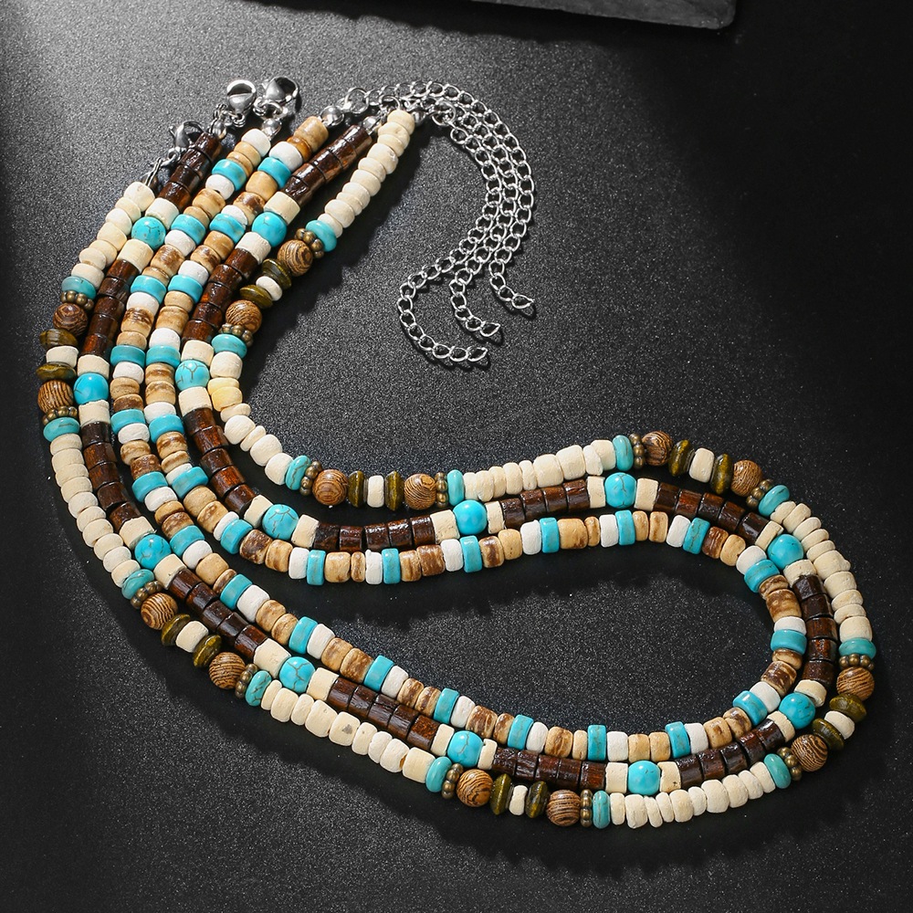 Boho สร้อยคอลูกปัดสําหรับผู้ชายใหม่มะพร้าวธรรมชาติ Turquoises ไม้ลูกปัดสร้อยคอสร้อยคอผู้ชายแฟชั่นเครื่องประดับคอ