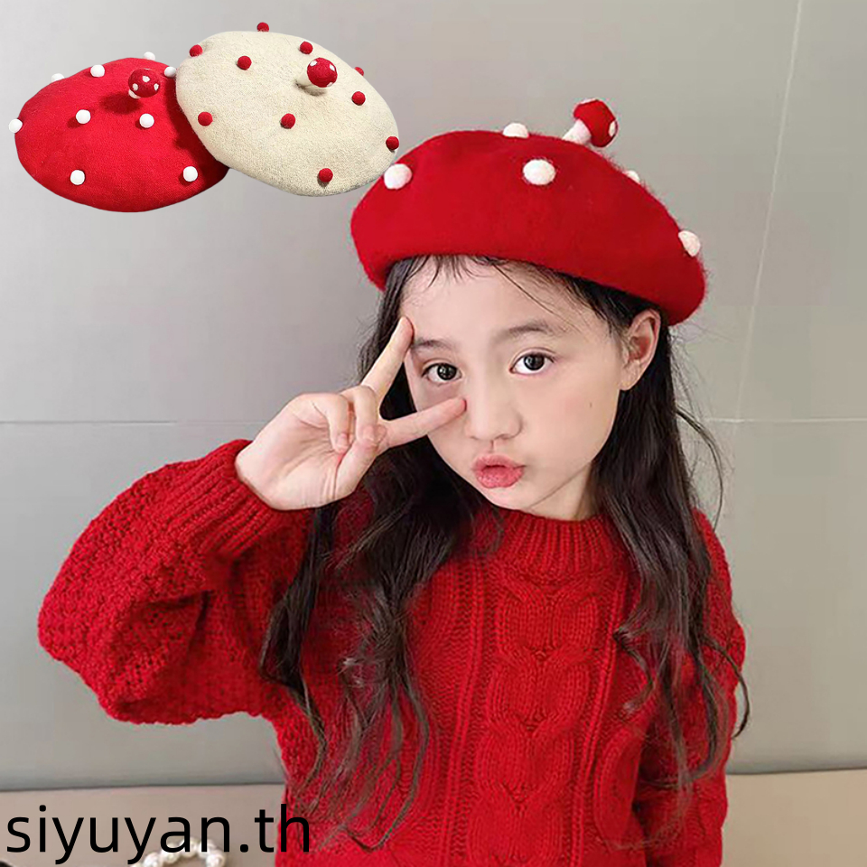 Siyuyan หมวกเบเร่ต์ ผ้าวูลถัก ลายเห็ดน่ารัก สีแดง สีขาว แฟชั่นฤดูใบไม้ร่วง ฤดูหนาว สําหรับพ่อแม่ และลูก